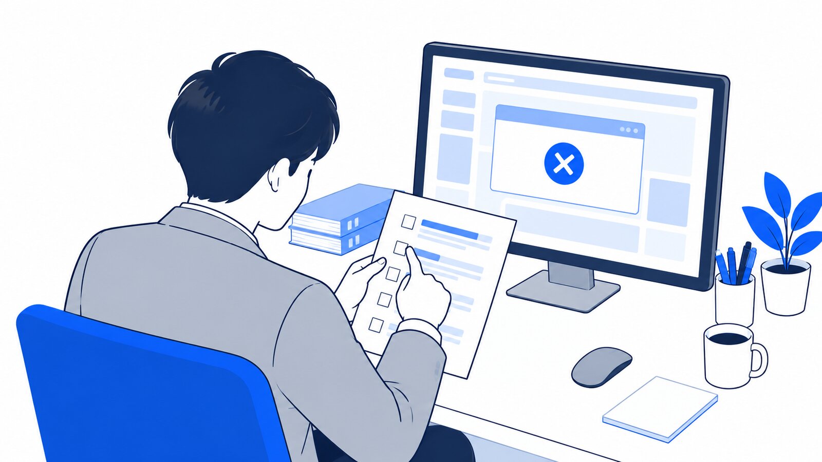 担当者がPCのエラー表示を見ながら、手元のメモで確認手順を追っている場面