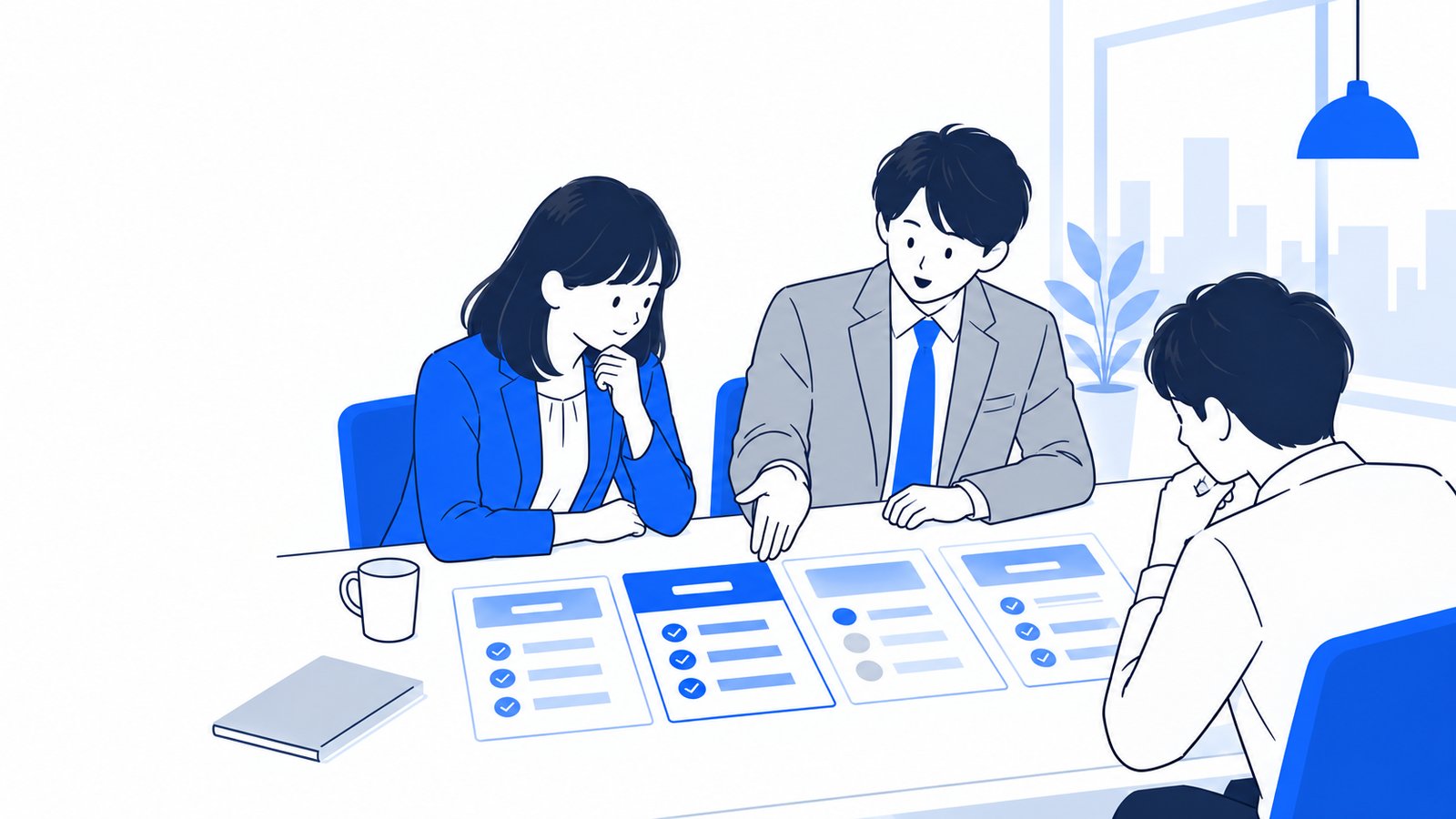 料金プランのカードを見比べながら相談している担当者