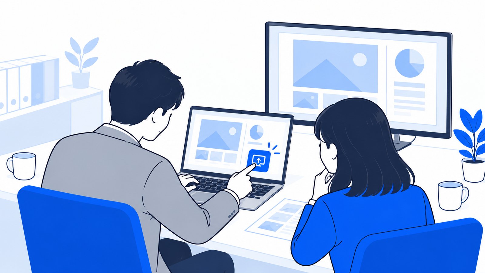 画面の共有ボタンを押して、隣の同僚に作った資料を見せている会社員
