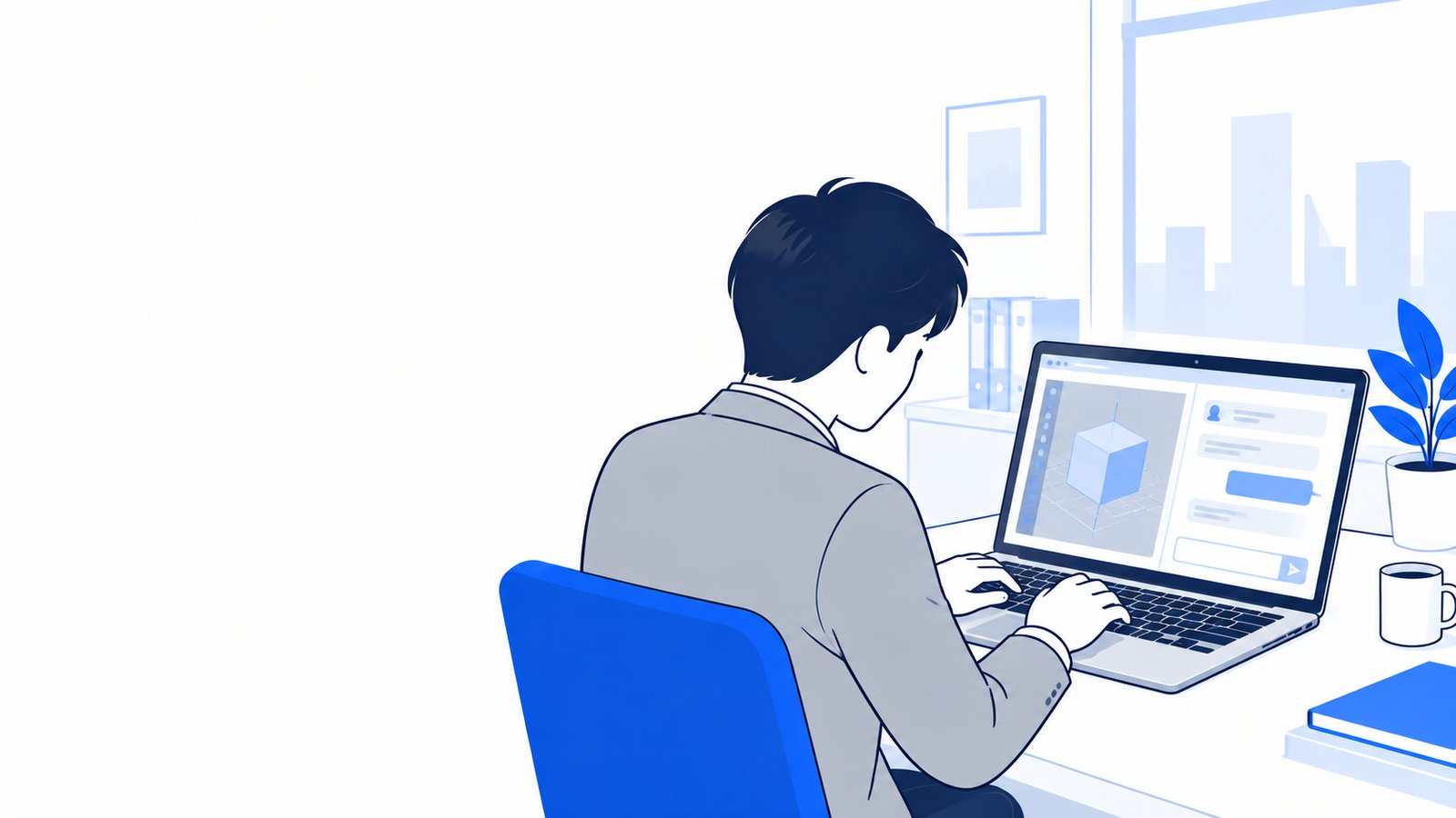 ノートPCで3Dの画面を見ながら、Claudeに質問を打ち込む会社員