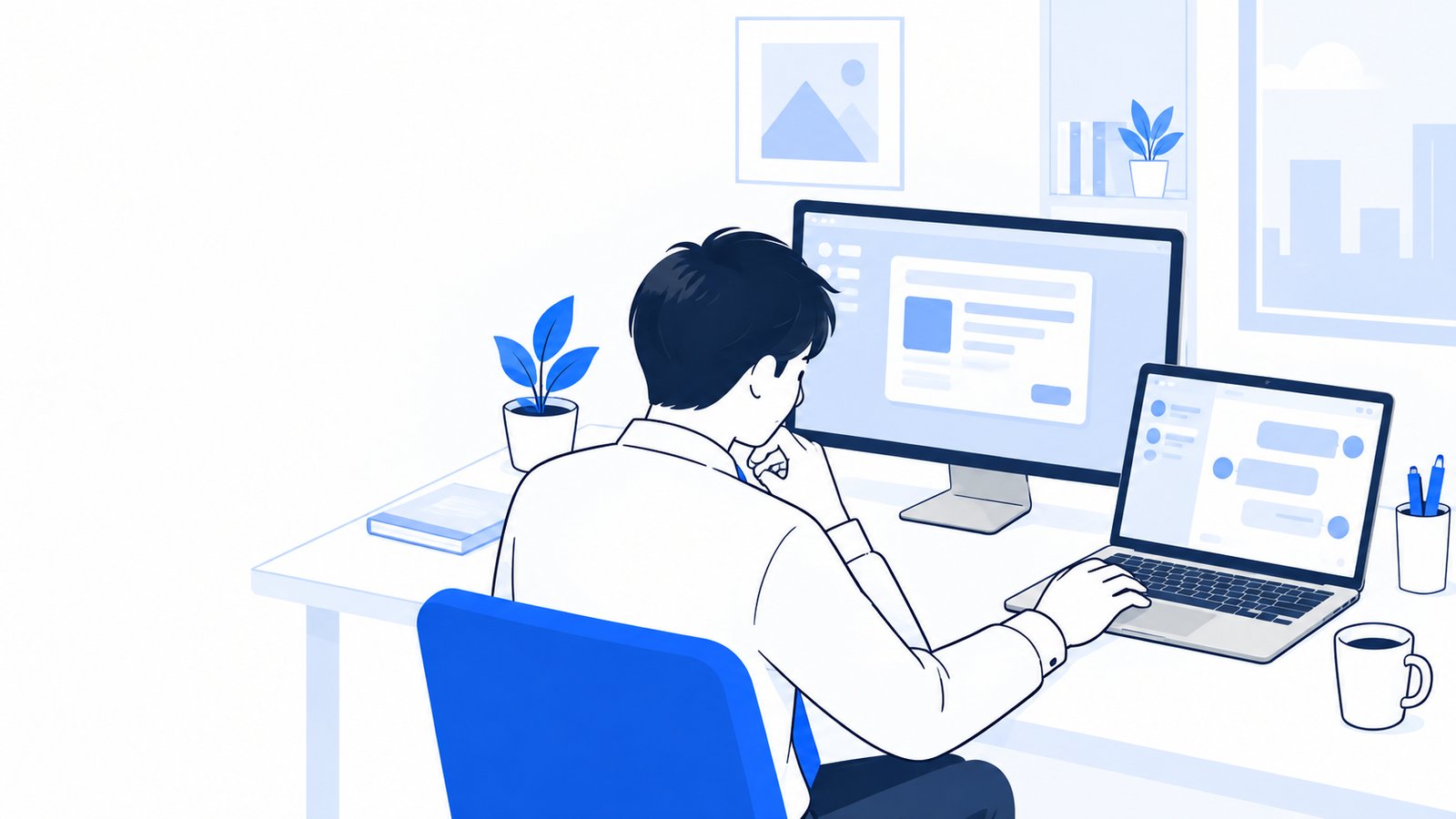 Blenderのバージョン表示とClaude Desktopの画面を見比べて確認する会社員