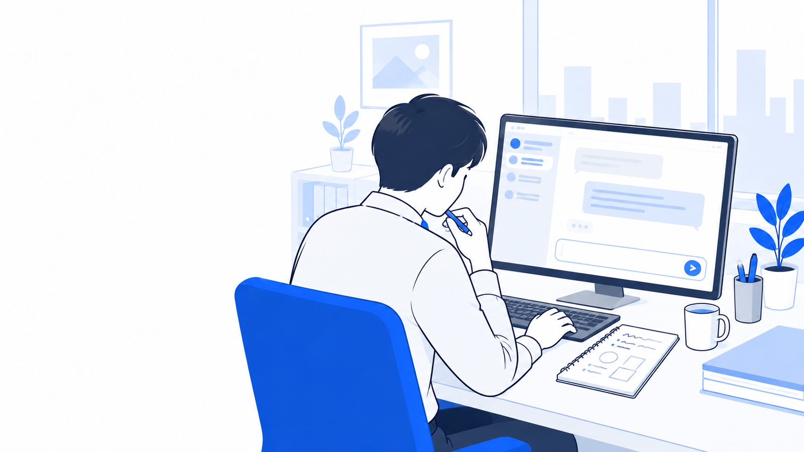 メモを見ながらClaudeへの依頼文を入力する会社員