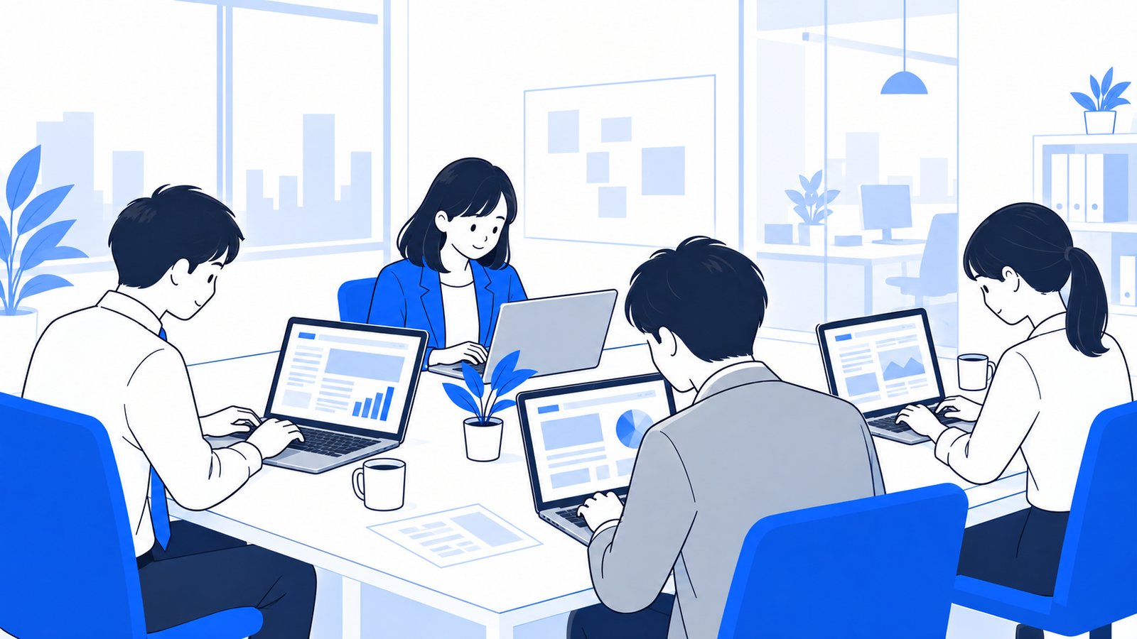 オフィスで数人の社員がそれぞれのノートPCに向かい、Claudeを使って資料づくりをしている場面