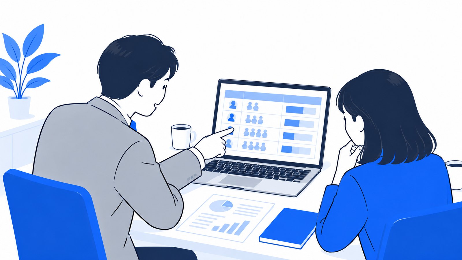経営者と担当者がノートPCで料金の試算表を見ながら、人数と月の費用を相談している場面