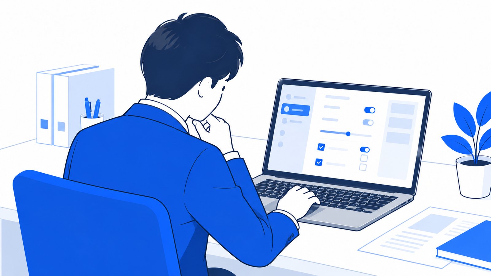 情報システムの担当者がノートPCで管理画面の設定を一つずつ確認している様子を肩越しに見た場面