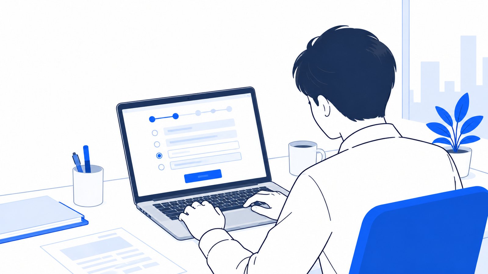 担当者がノートPCで申し込みの手続きを進めている様子を肩越しに見た場面