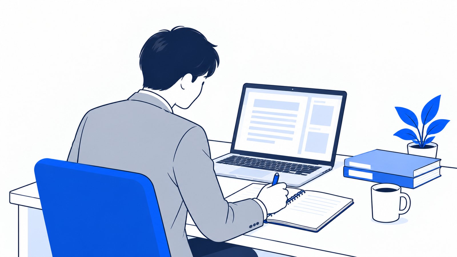 机でノートPCを開き、契約内容を確認しながらメモを取る会社員