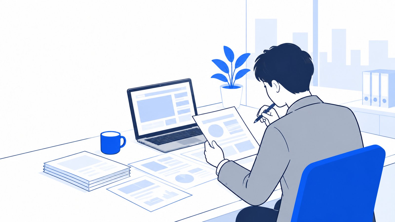 書類とノートPCを並べて、解約後の使い方を整理する会社員