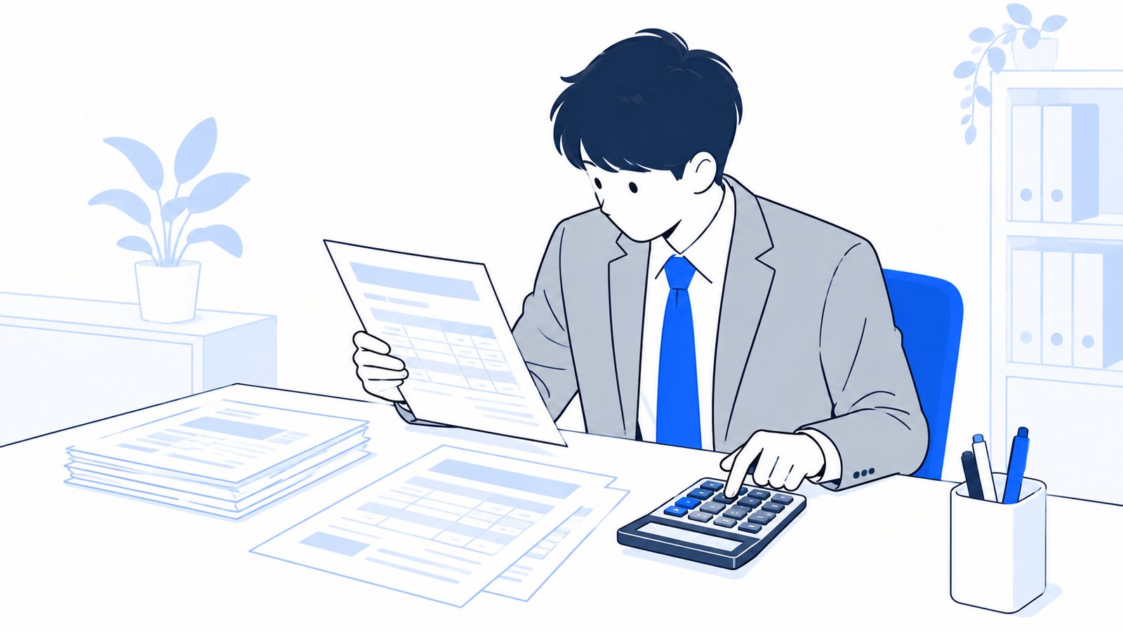 請求書の書類と電卓を机に並べ、金額を確認する経理担当者