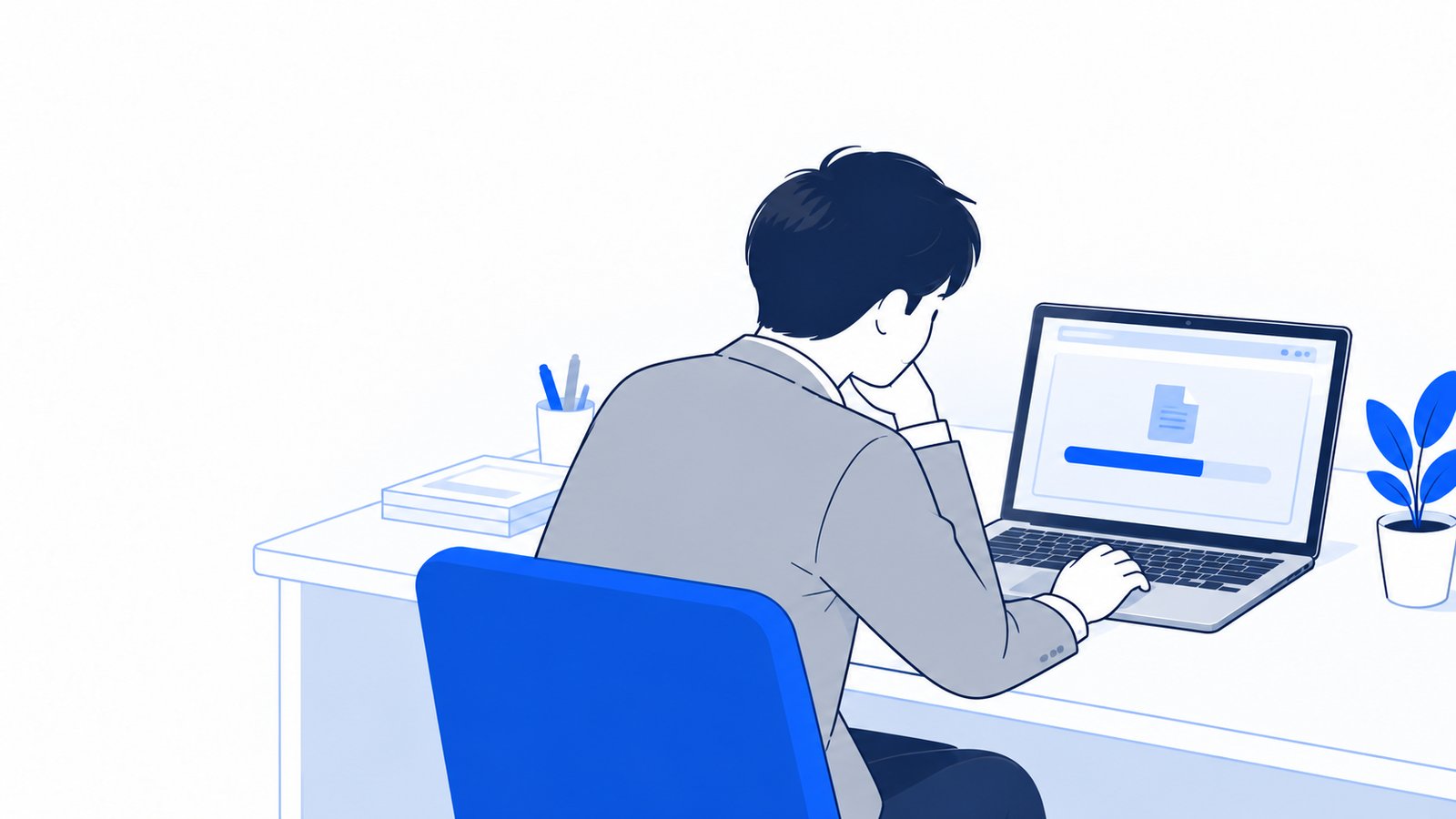 ノートPCの前で、データの書き出しが終わるのを待つ会社員