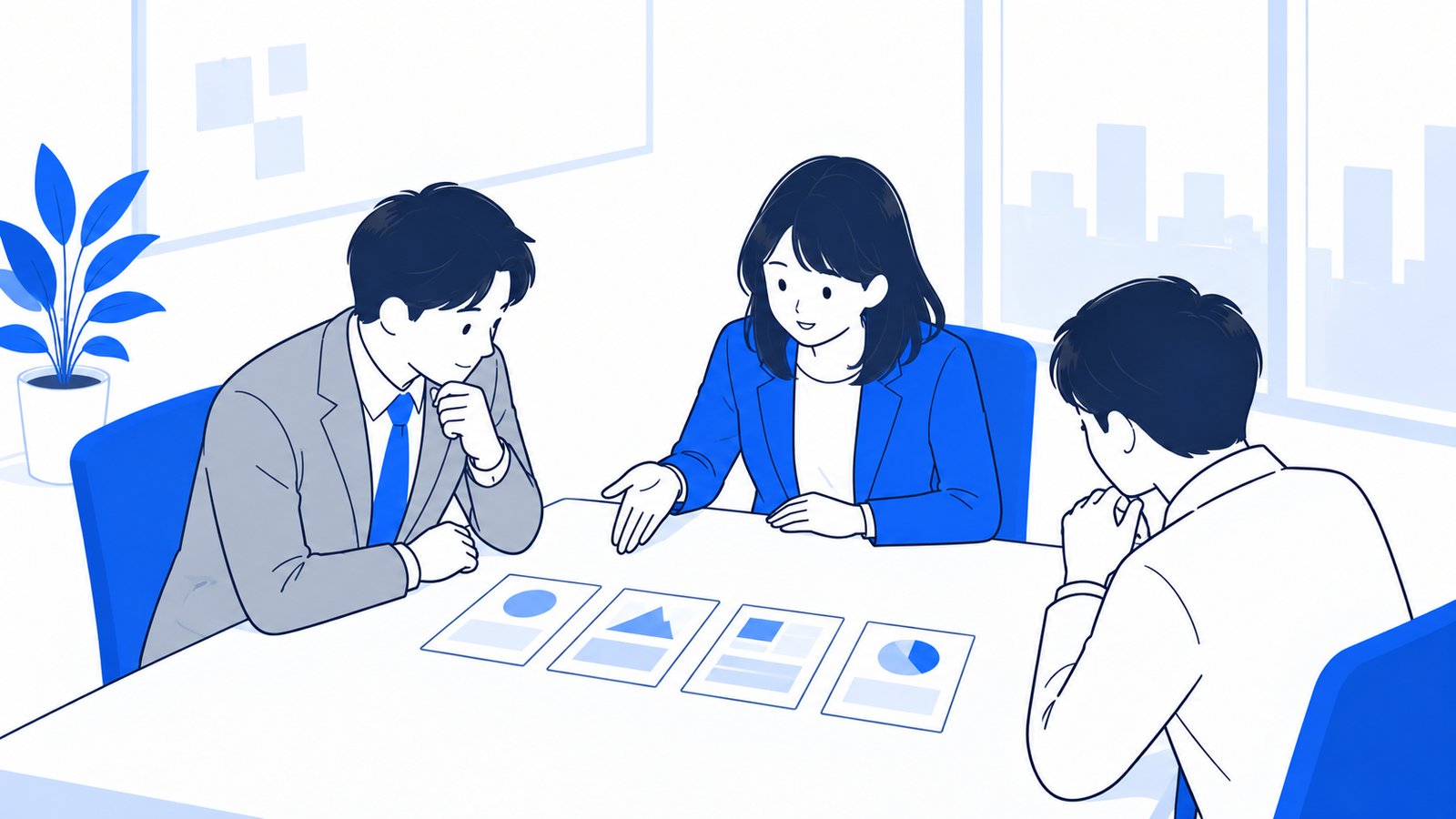 会議室のテーブルに並べた4枚の資格カードを見比べて話し合う会社員