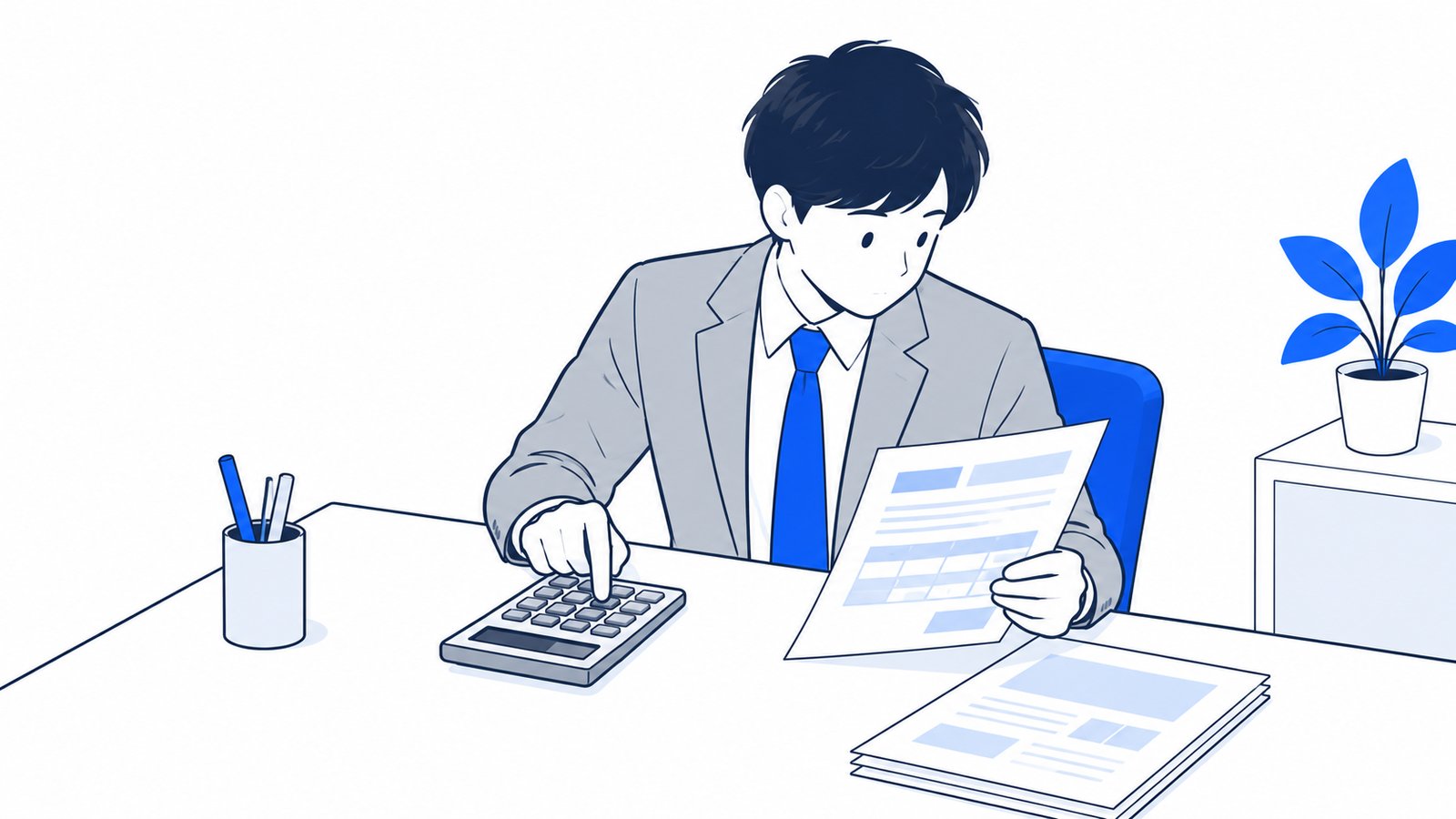 電卓と請求書を見ながら受験費用を確認する会社員