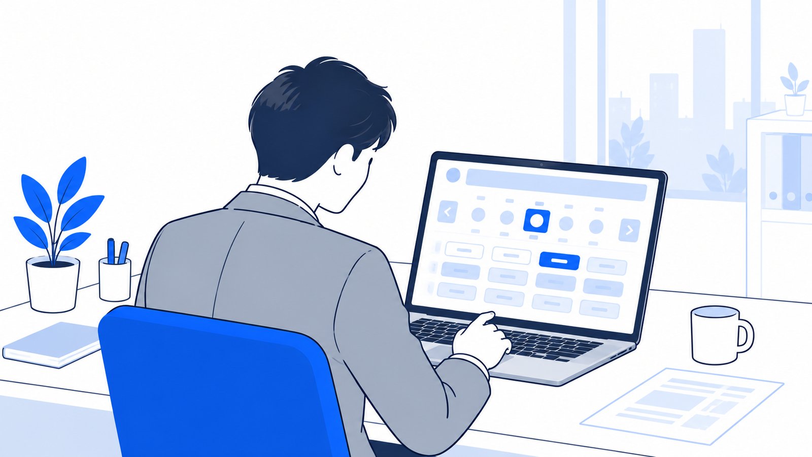 ノートPCの予約画面で受験する日時を選ぶ会社員