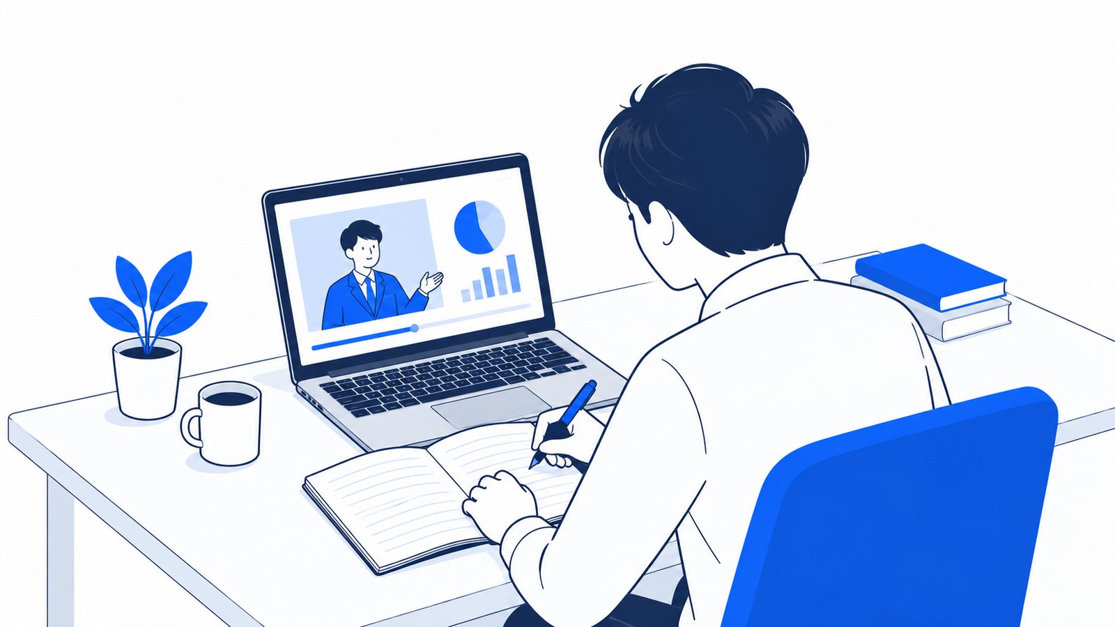 オンライン講座の動画を見ながら、ノートに要点を書き込む会社員