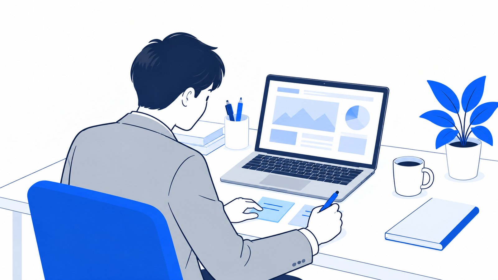 ノートPCの画面を見ながら、2つの道具の役割を付箋に書き出して整理している会社員