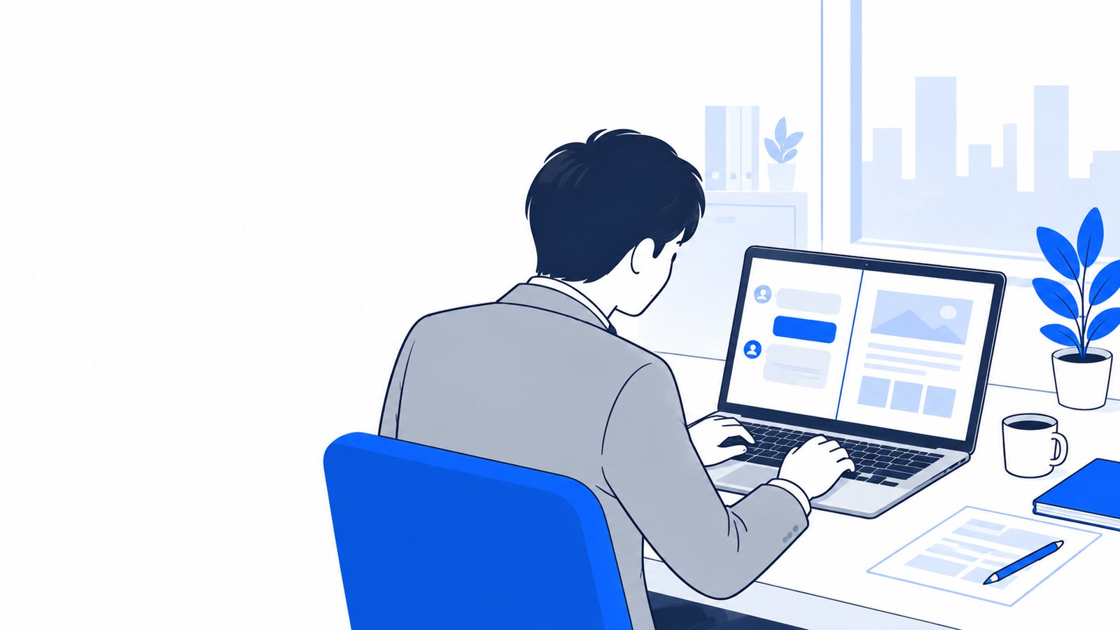 ノートPCでチャットの回答を読み、資料のたたき台を確認する会社員