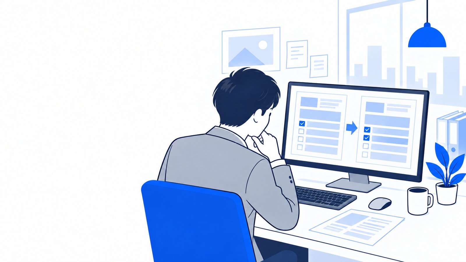 社内ツールの画面を確認しながら、変更内容を読み進める担当者