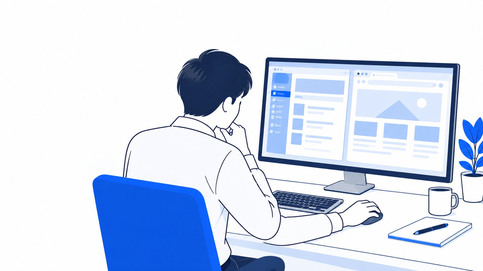 デスクトップアプリとブラウザを並べたPCの画面を見て、どちらを使うか考える会社員