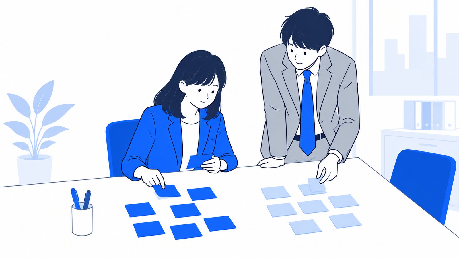 机の上で仕事の付箋を「任せる」「人がやる」に分けて並べる会社員
