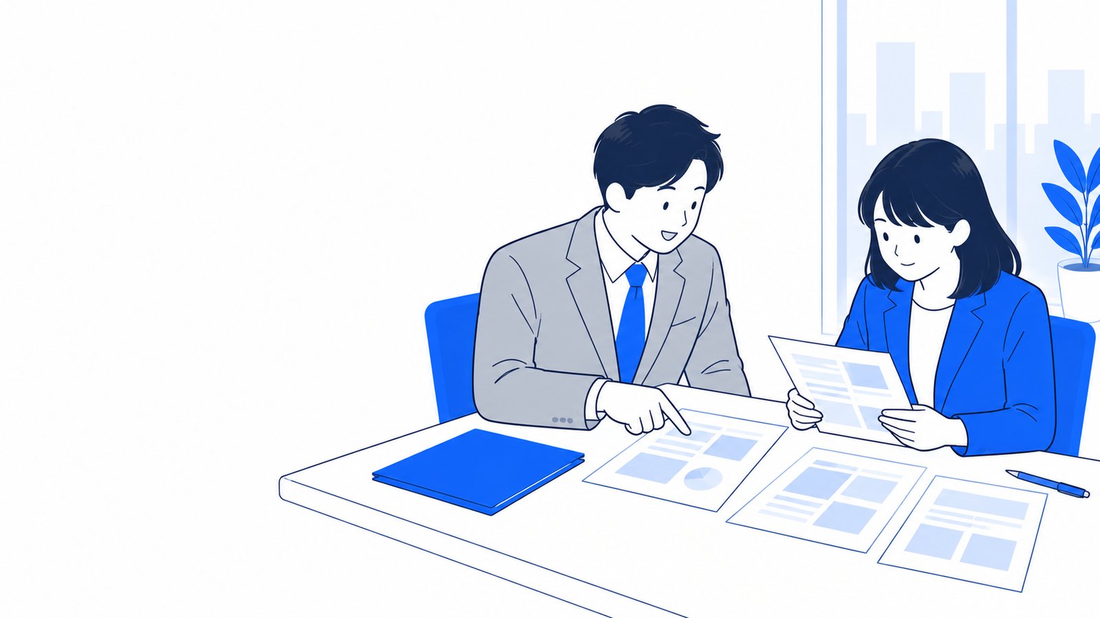 契約の種類を書いた資料を見比べながら相談する経営者と担当者