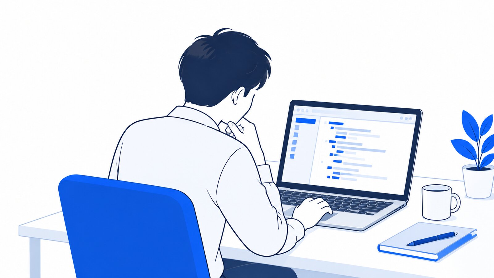 自席でノートPCの設定ファイルを開き、内容を確かめる開発担当者