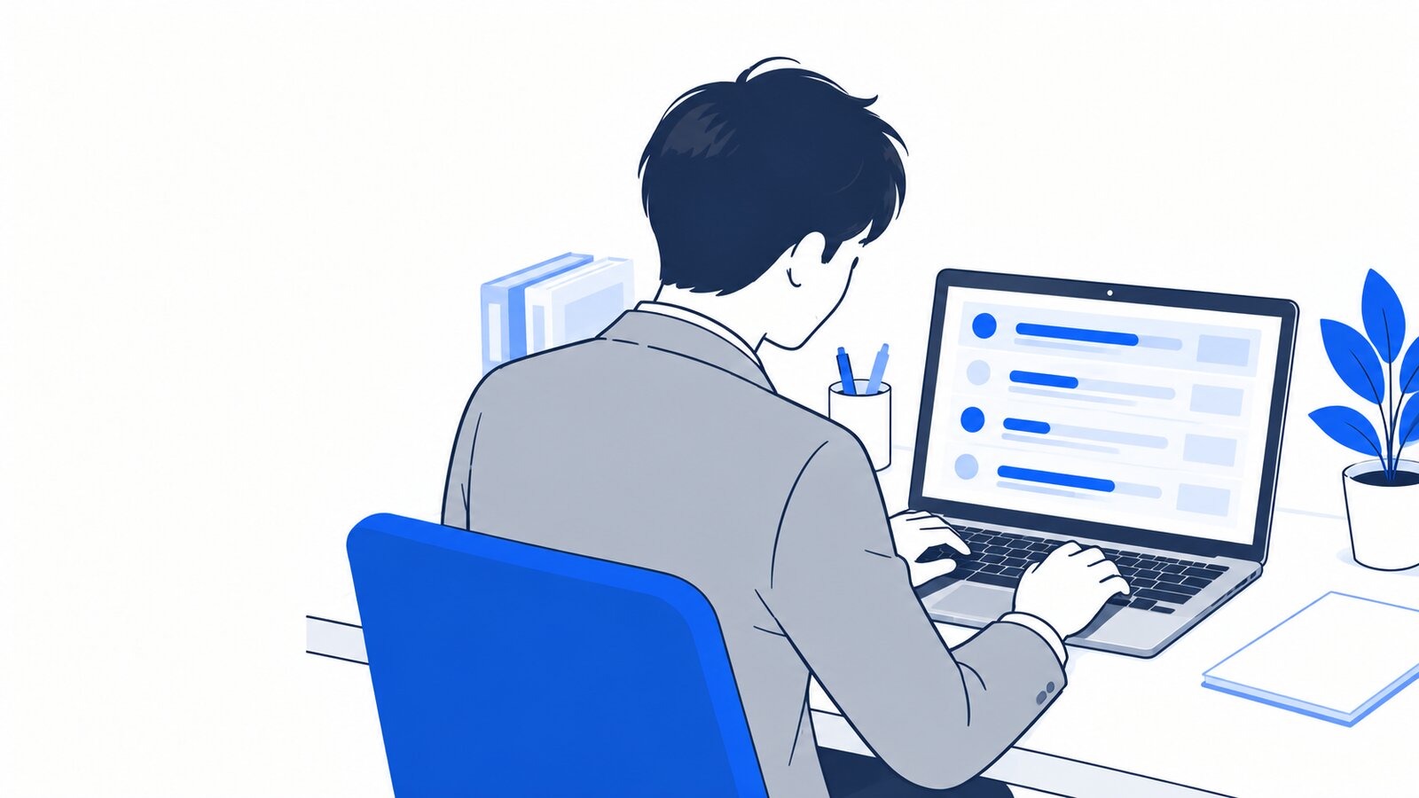 ノートPCの画面を肩越しに見ながら、複数の作業の進み具合を確かめる開発担当者