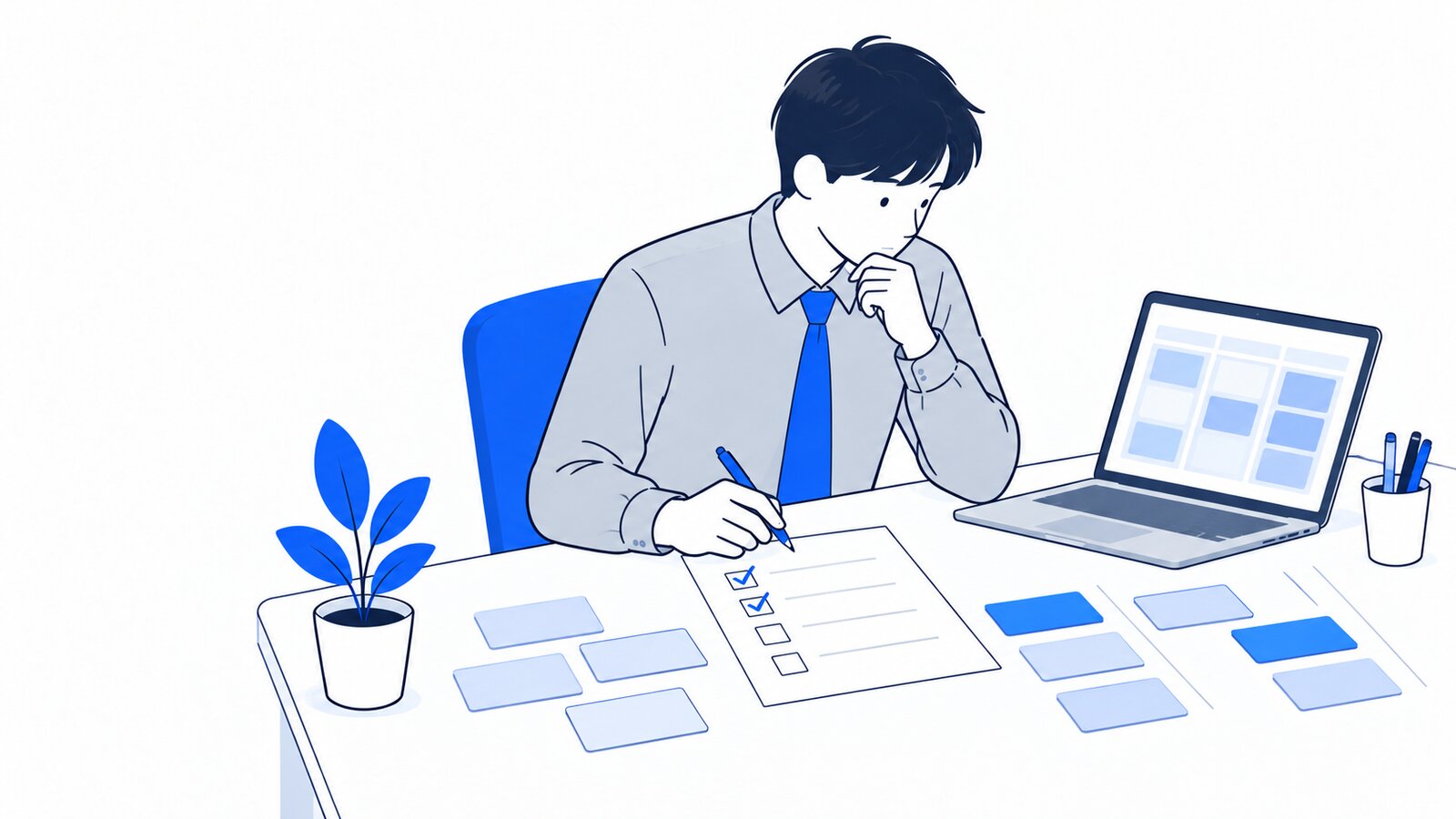 机でチェックリストを見ながら、作業の割り振りを考える開発担当者