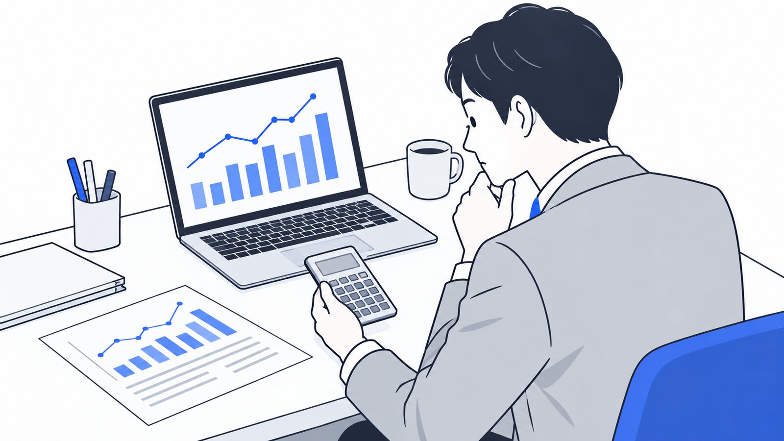 電卓と利用状況のグラフを見比べて、費用を検討する会社員