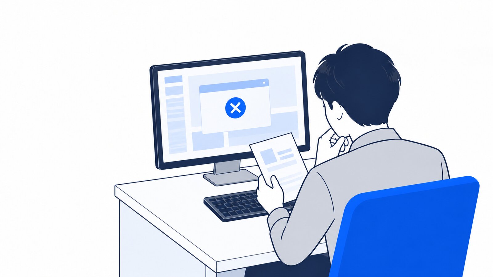 自席でエラーの表示を前に、メモを見ながら原因を探す開発担当者