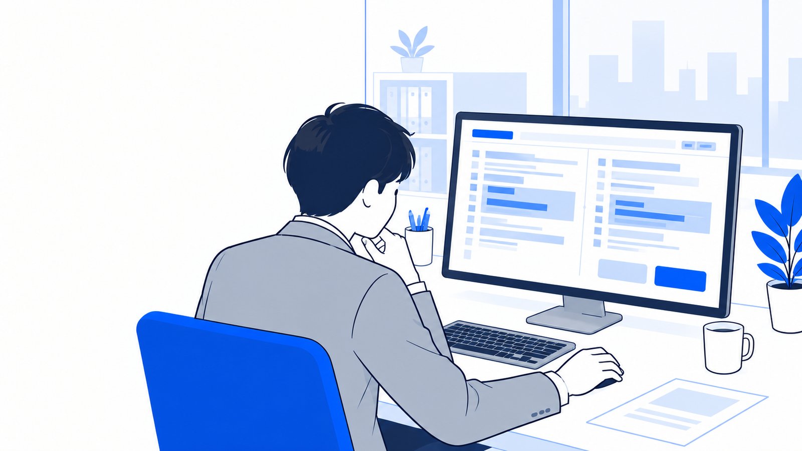 コードの変更内容を画面で確認しながら、承認の可否を判断する会社員