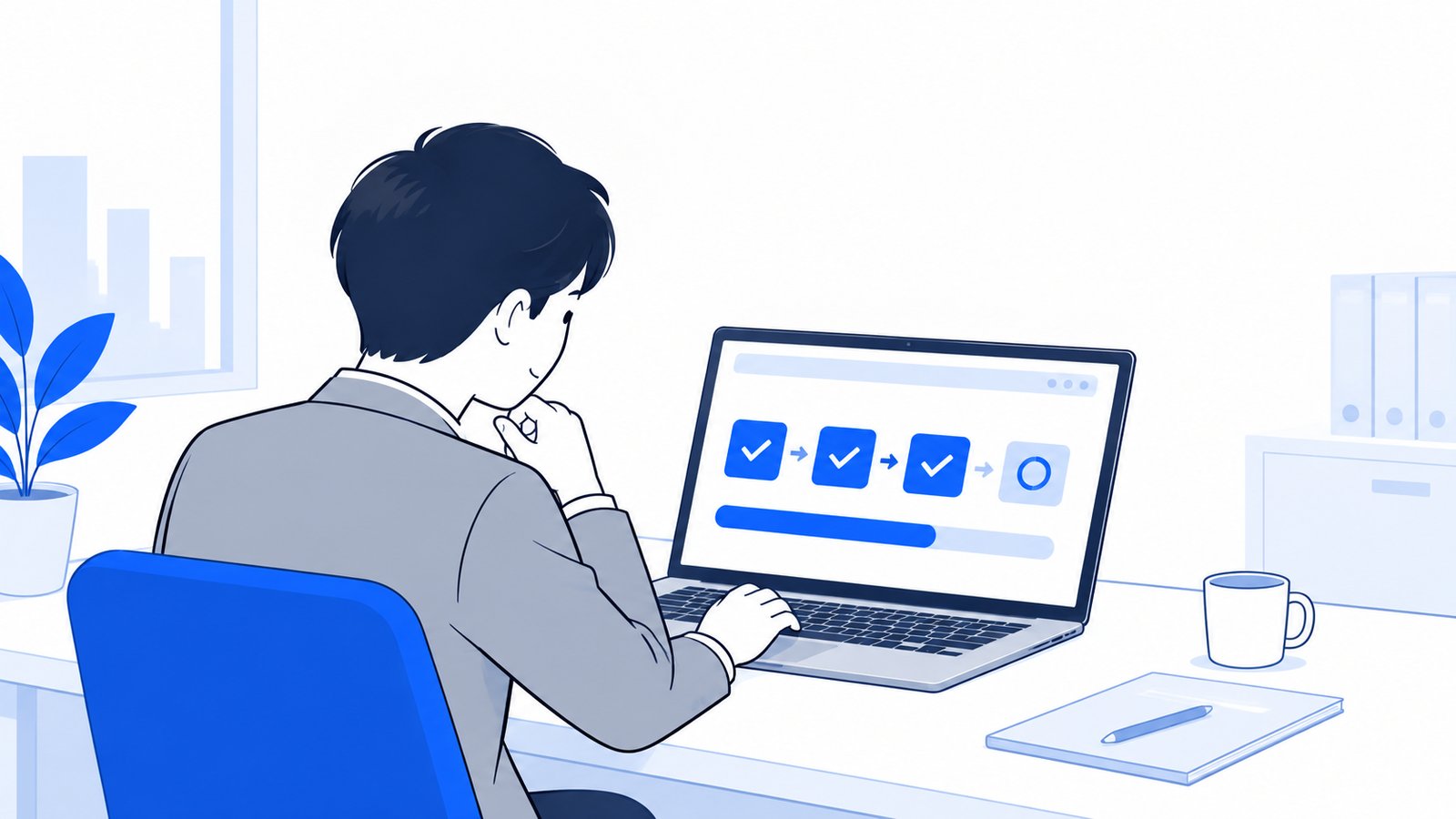 ノートPCの画面で、作業が止まらずに進んでいく様子を確認する会社員