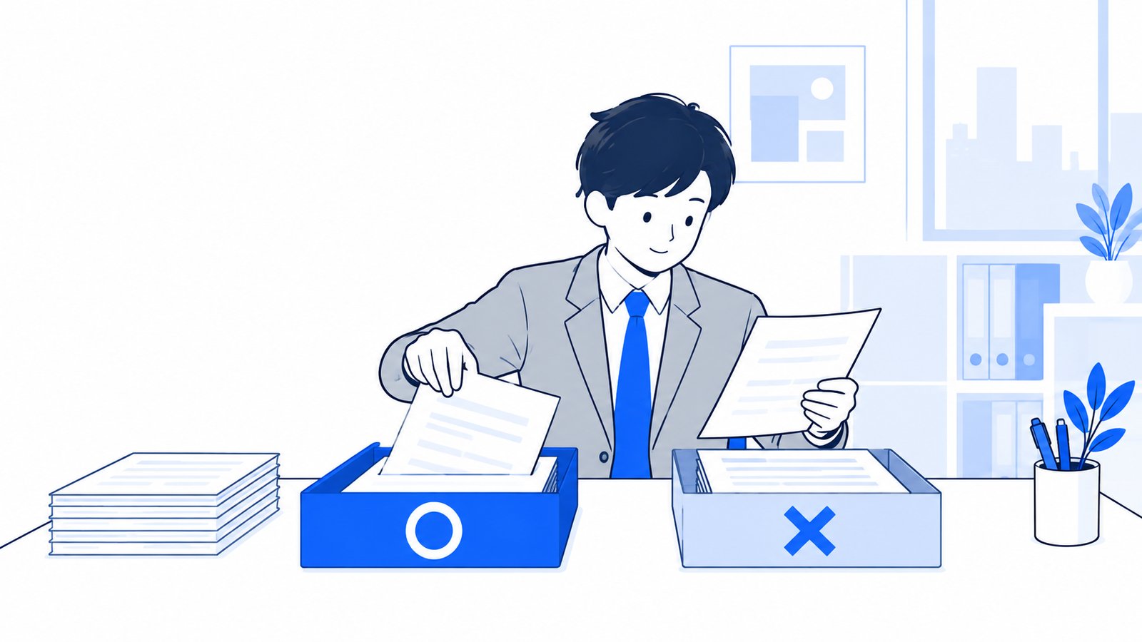 書類を仕分けて、通すものと止めるものに分ける会社員