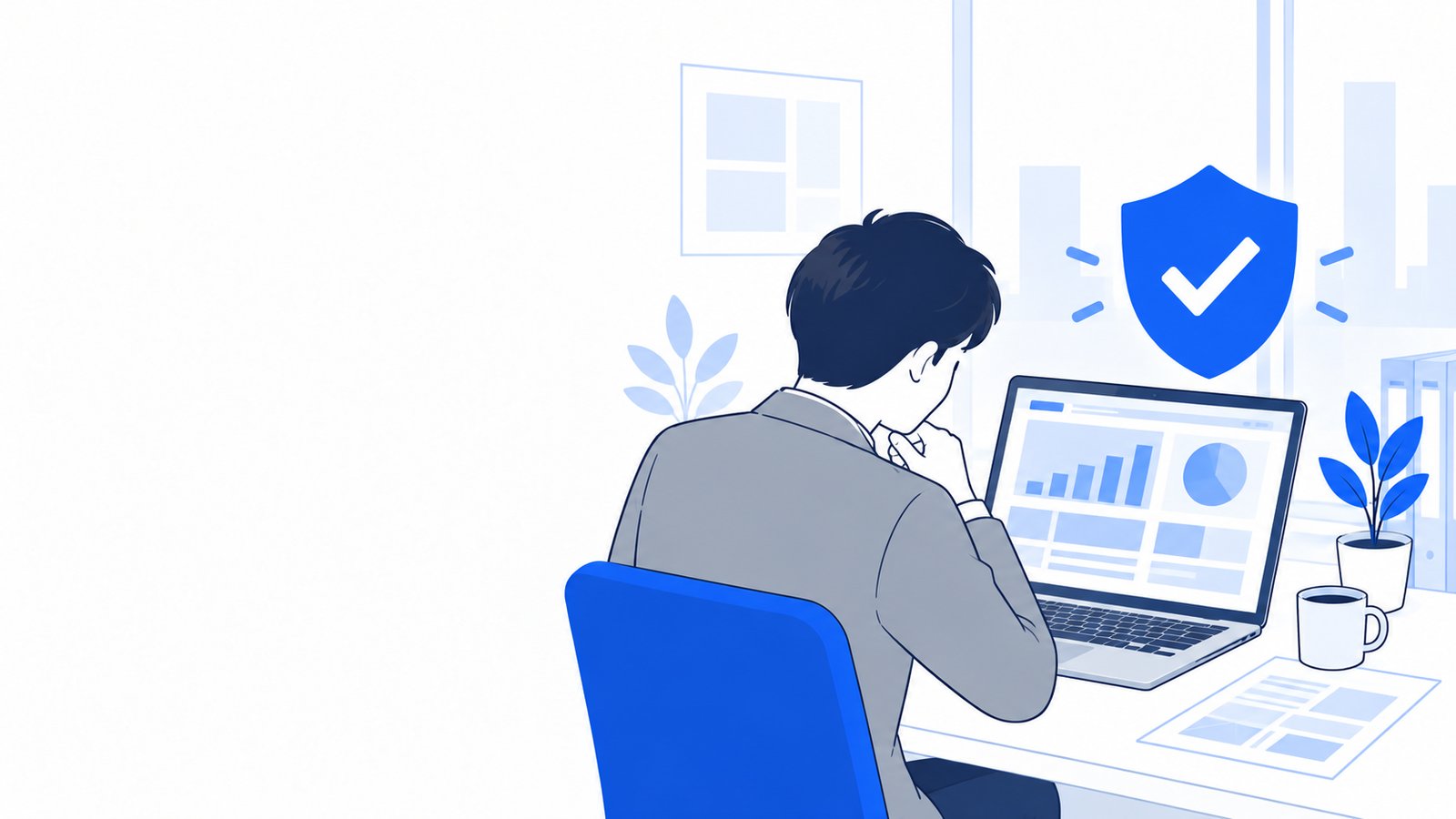 盾のアイコンの横で、作業の結果を確かめる会社員