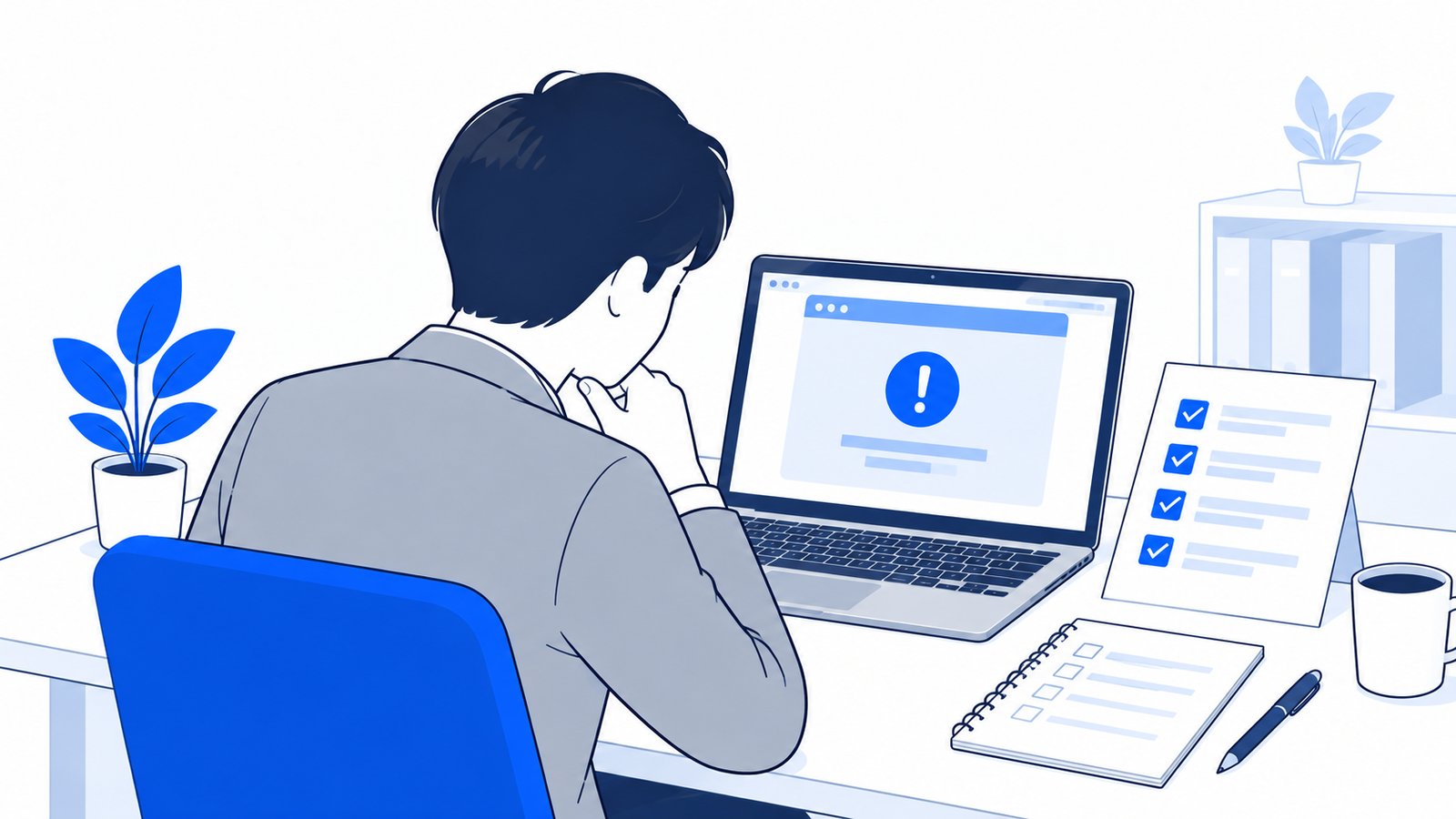 ノートPCに出たエラーの表示を見ながら、対処の手順を調べている人