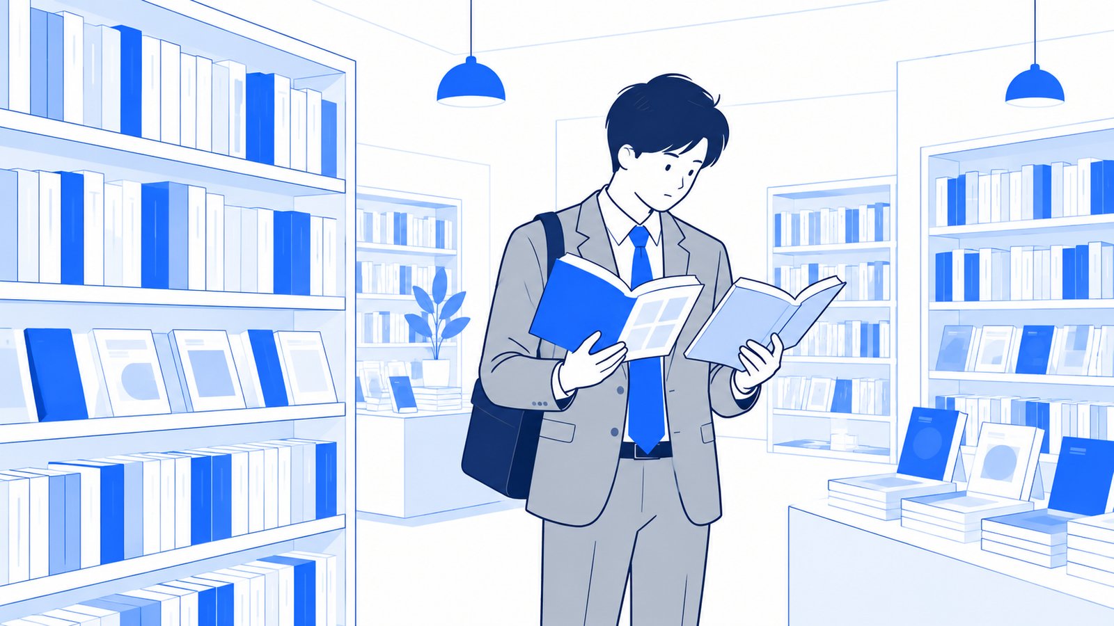 書店の棚の前で、手に取った本の目次ページを見比べる会社員