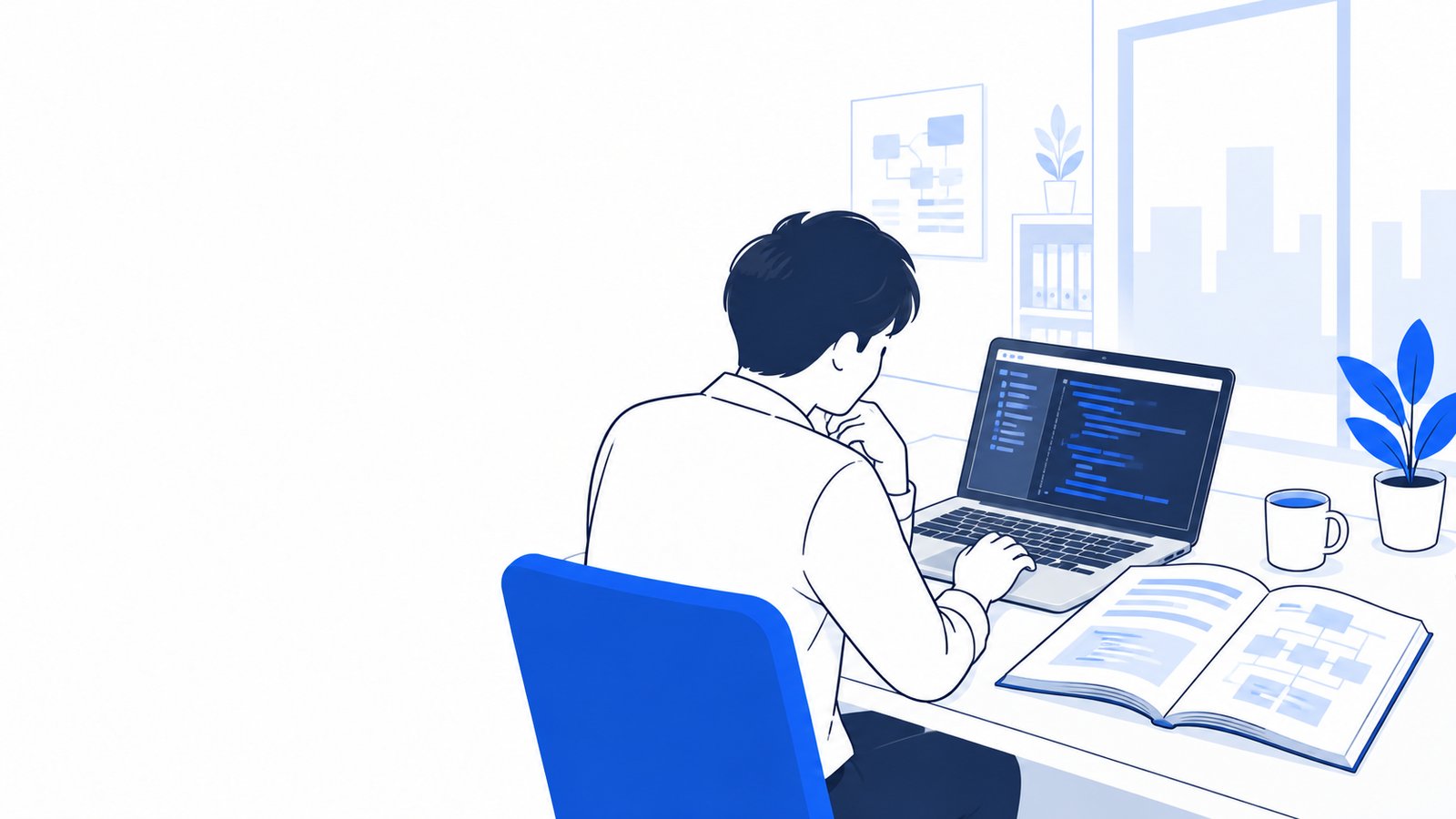 机で本を開き、横のノートPCでコードを確かめながら作業するエンジニア
