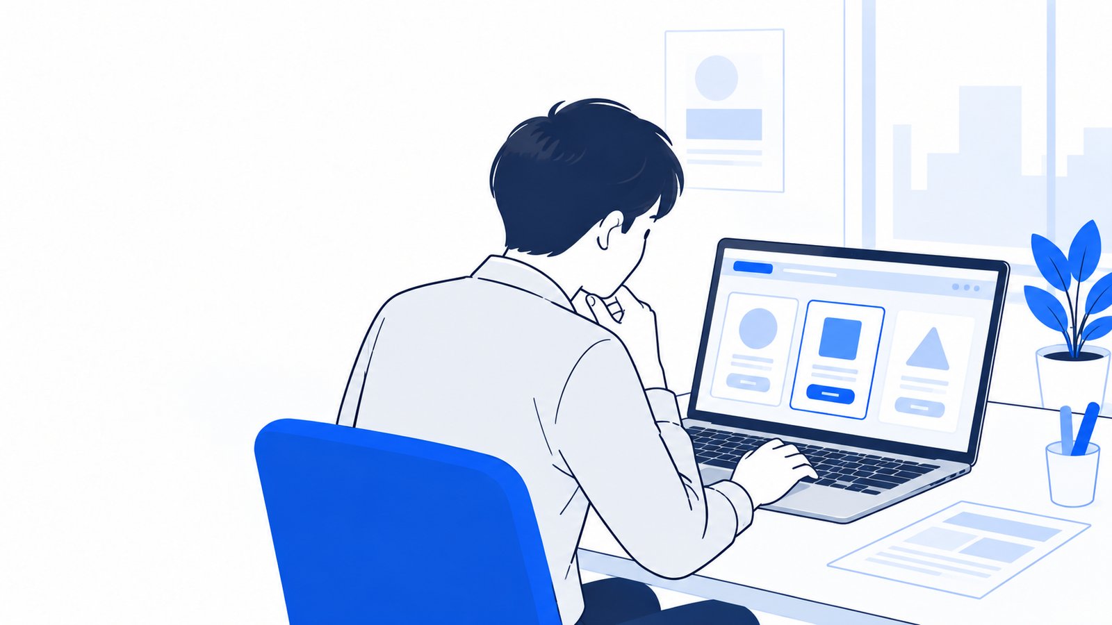 ノートPCでブラウザの画面を見ながら、操作方法を選んでいる会社員