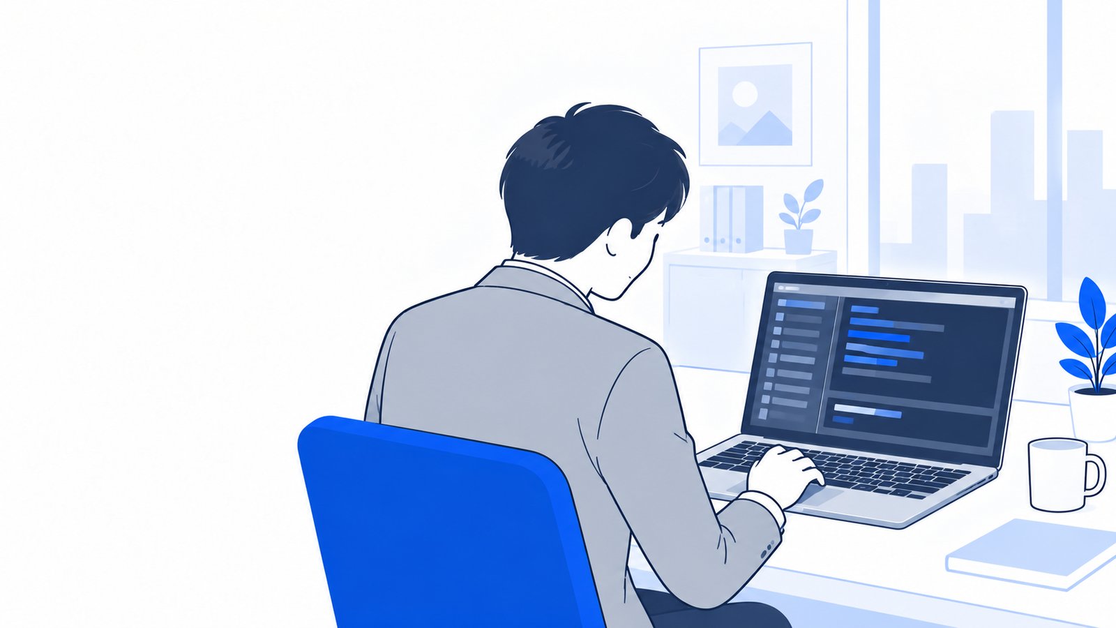 ノートPCでClaude Codeのバージョンを確認する会社員を斜め後ろから見た場面