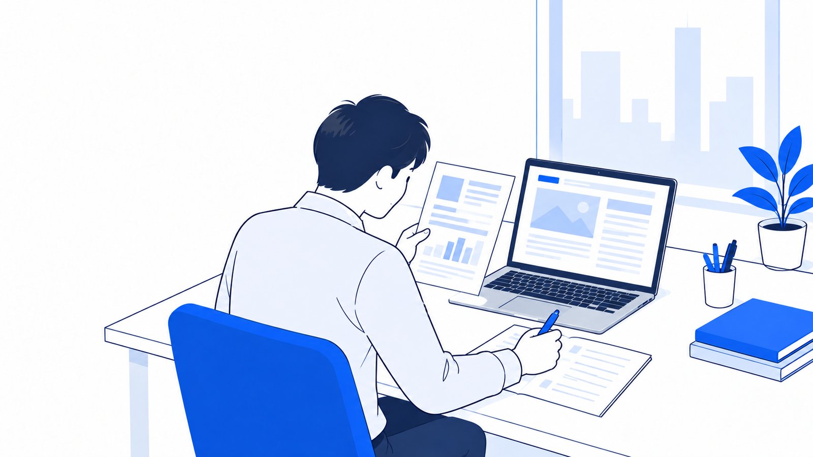 公式資料とネットの記事を見比べて、メモに整理する担当者