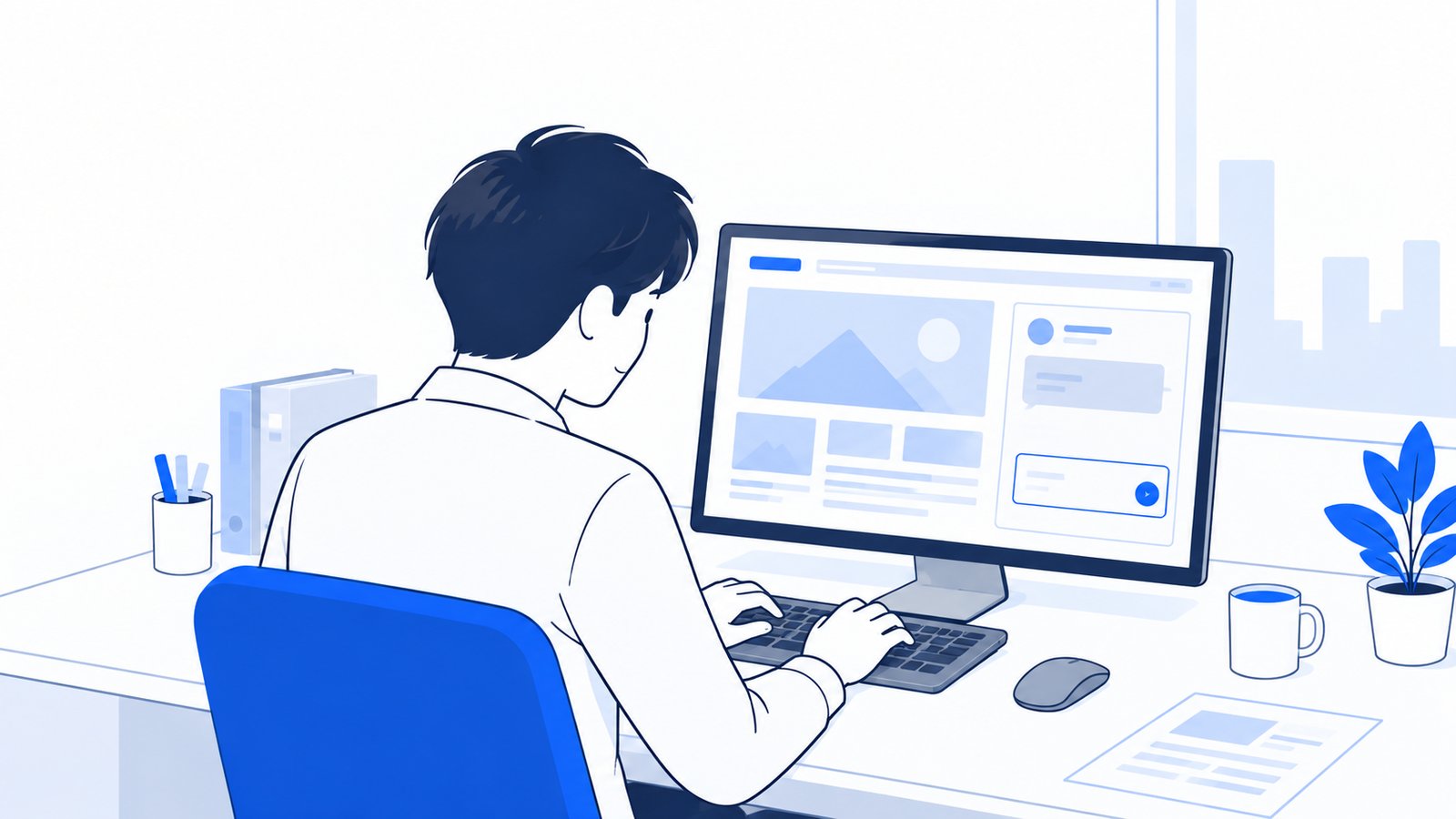 作業中の画面の横で、ちょっとした質問を打ち込む会社員