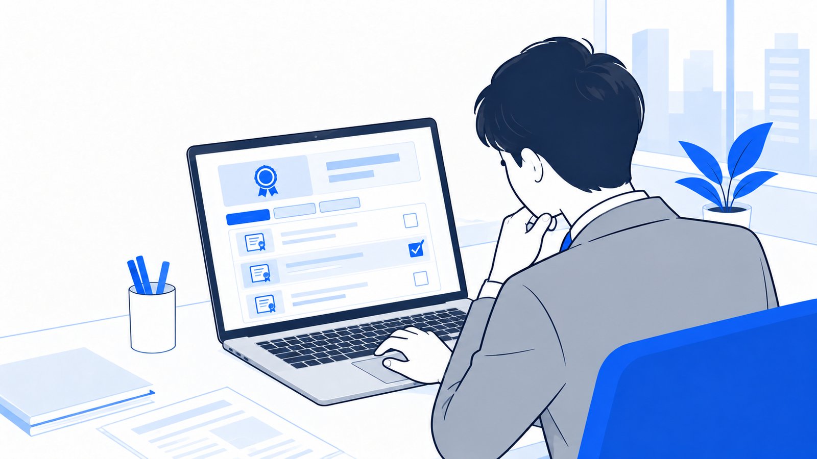 ノートPCで資格の案内ページを開き、Claude Codeに関する項目を確かめる会社員