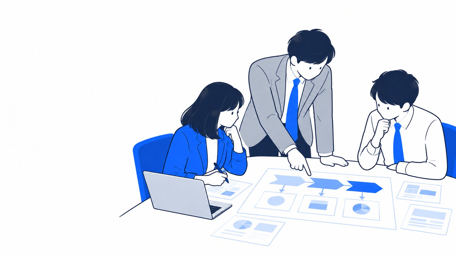導入支援の進め方を整理した資料を前に、同僚と打ち合わせるコンサルタント