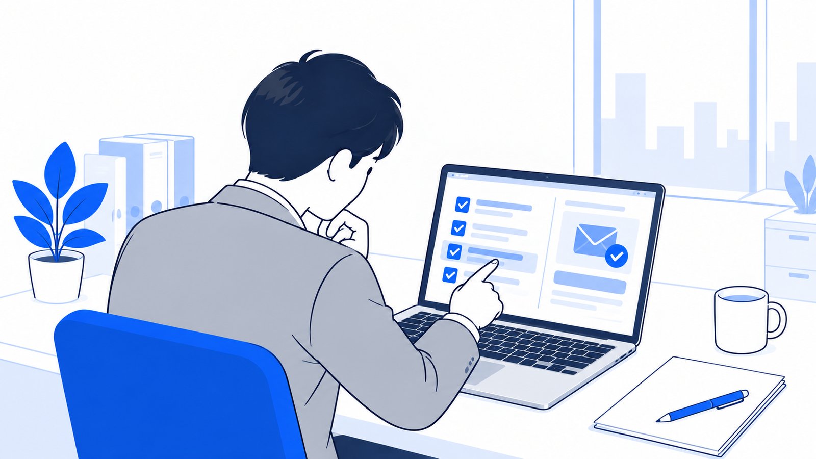 受験条件の一覧を指でなぞりながら、会社のメールアドレスを確認する会社員