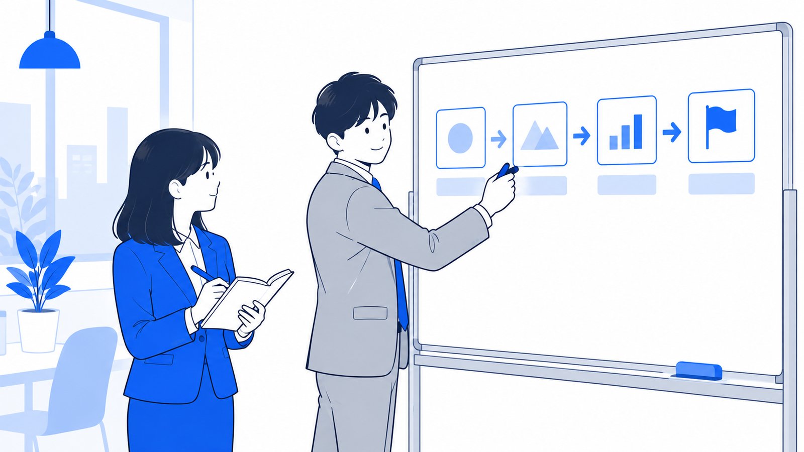ホワイトボードに学習の順番を書き出し、メモを取る会社員