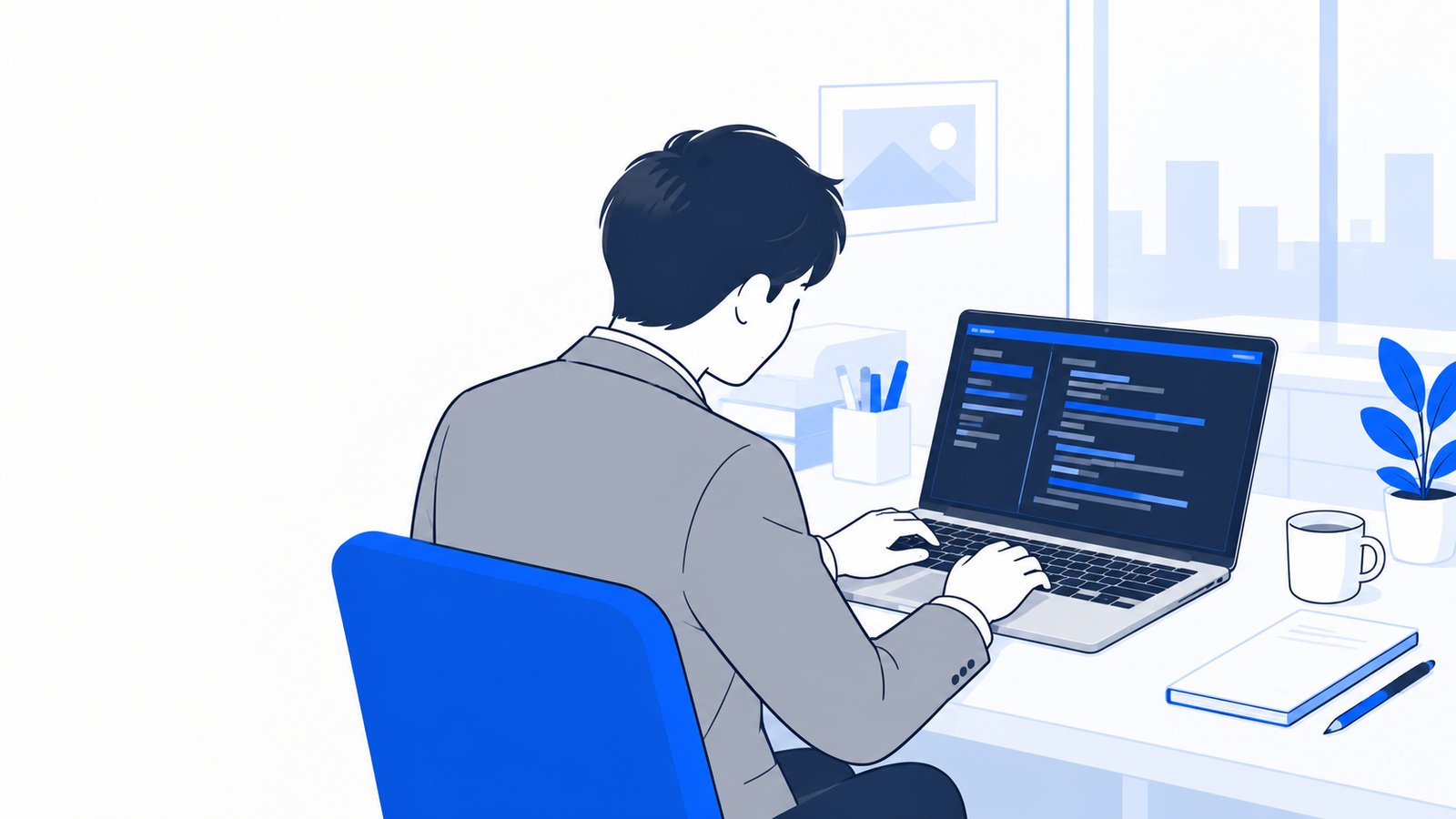 自席でノートPCのターミナルにClaude Codeの画面を開き、内容を確かめる会社員