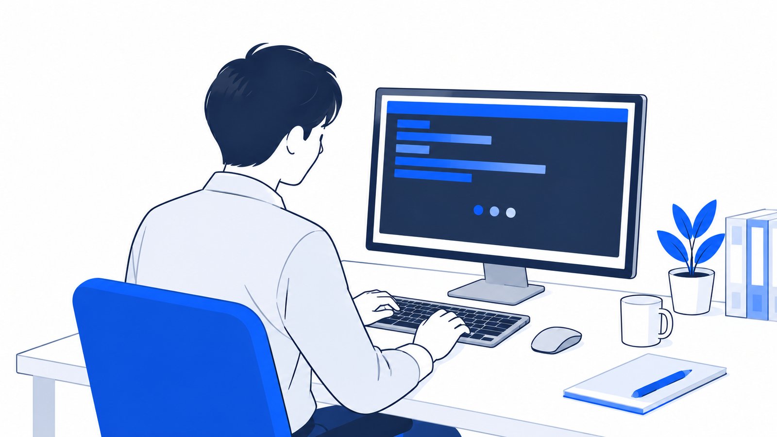 ターミナルのClaude Codeに指示を入力して、返答を待つ会社員
