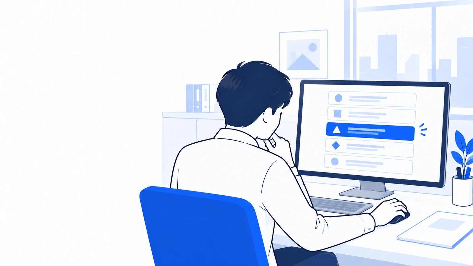 コマンドの候補が並んだ画面を見ながら、使うものを選ぶ会社員