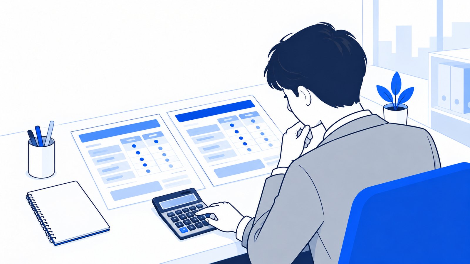 電卓を横に置き、2つの料金表を見比べて月の費用を計算する担当者