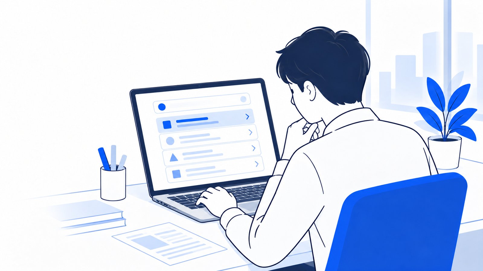 コマンドの候補が並んだ入力画面を見ながら、使うものを選ぶ会社員