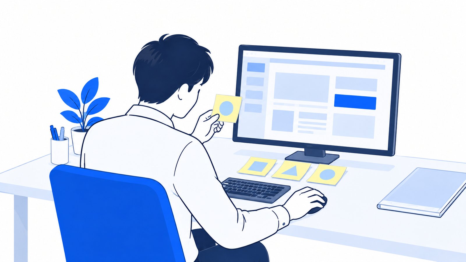 付せんに書いた手順を見ながら、順番に画面を操作する会社員